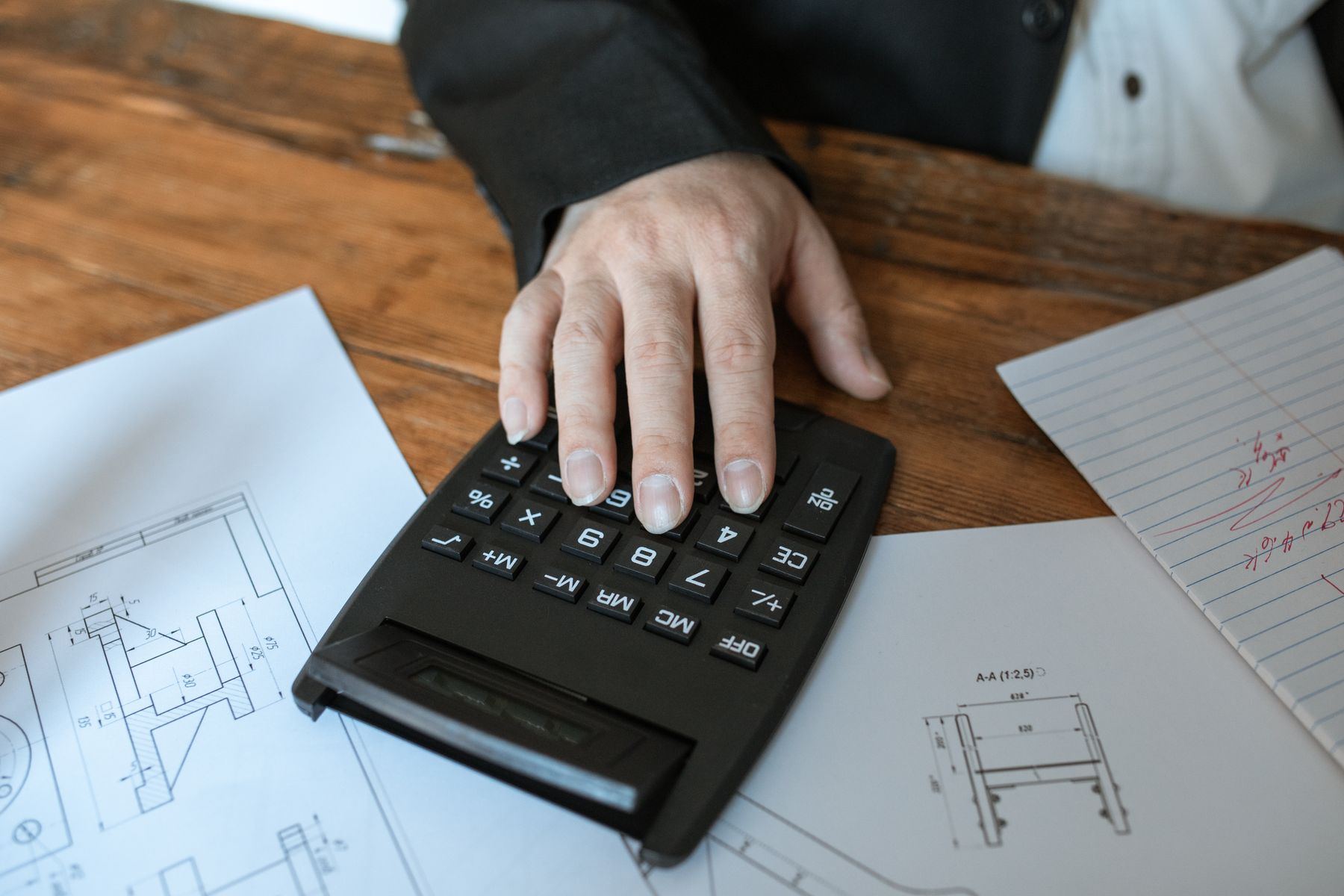 A calculator and working papers on a desk